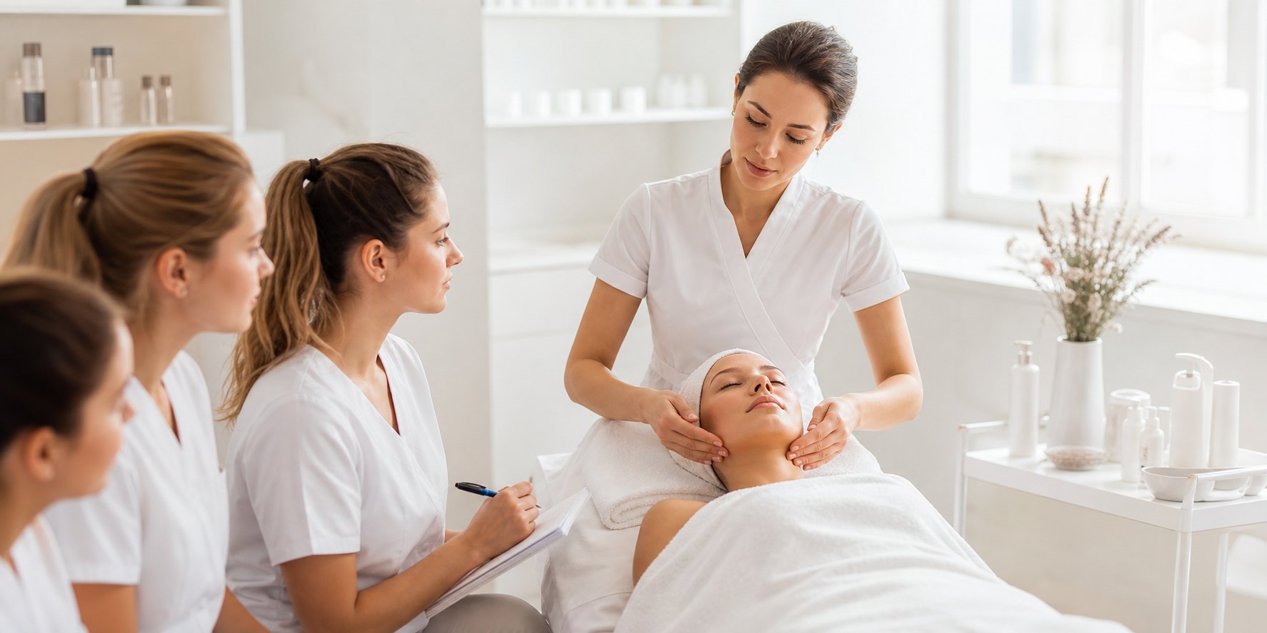 Clase profesional de cosmiatría con práctica facial